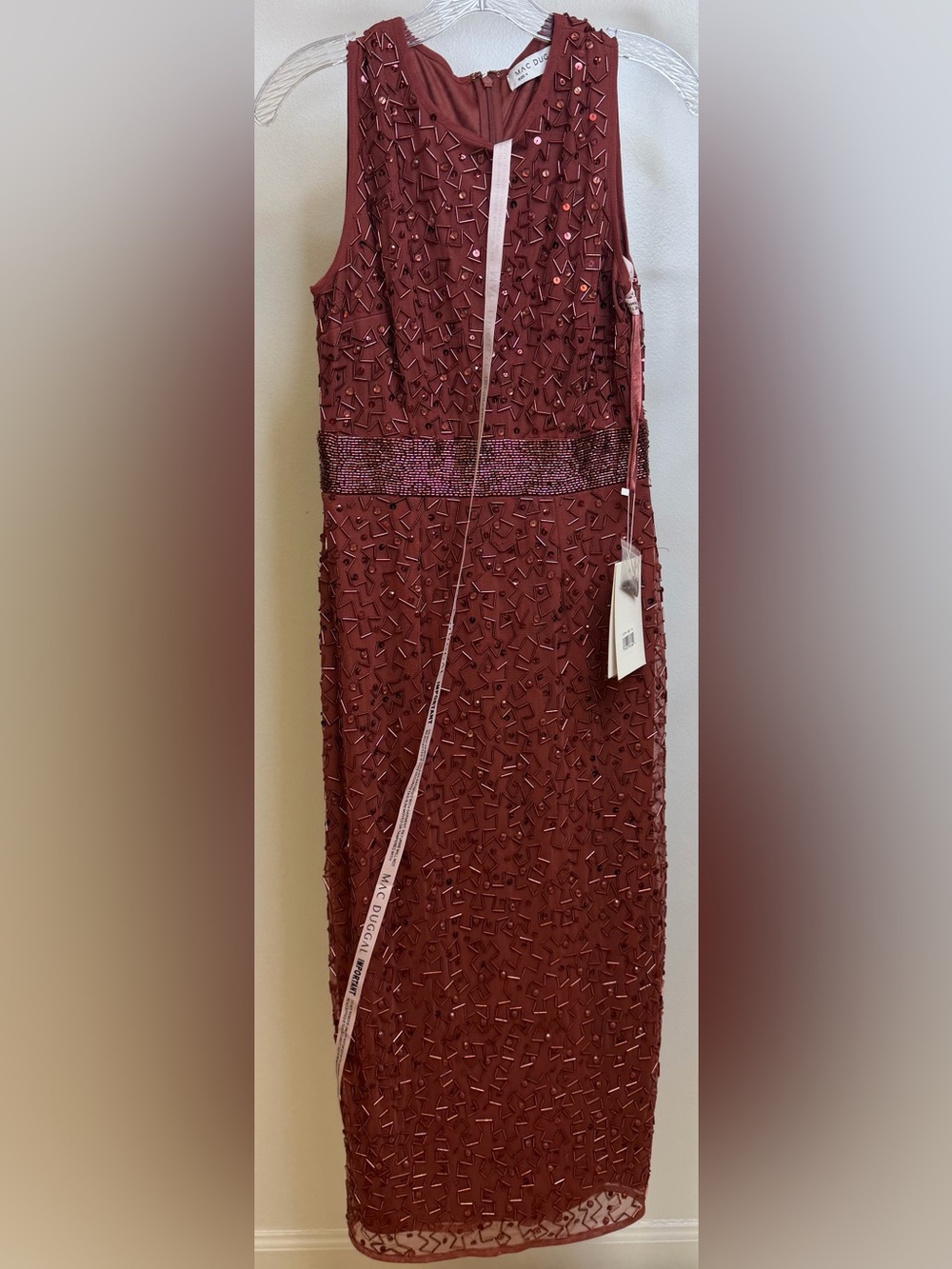 Mac Duggal Beaded Burgundy Dress Size 4- Geometric Embellished Midi - Picture 2 of 6
